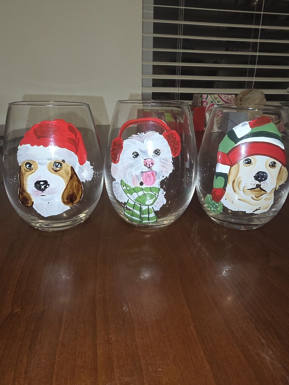 Hand-Painted Dog Holiday Stemless Wine Glass Set, Beagle, Shih Tzu, and Labrador